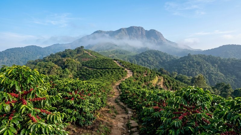 Coffee estates and misty mountains in Chikkamagaluru, Karnataka
