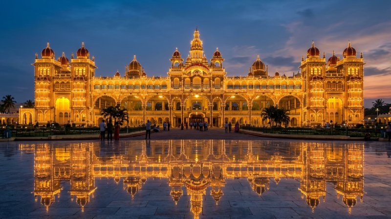 Illuminated Mysore Palace at night showcasing royal heritage