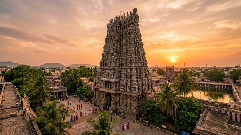 Ancient Dravidian temple gopuram in Tamil Nadu with intricate sculptures